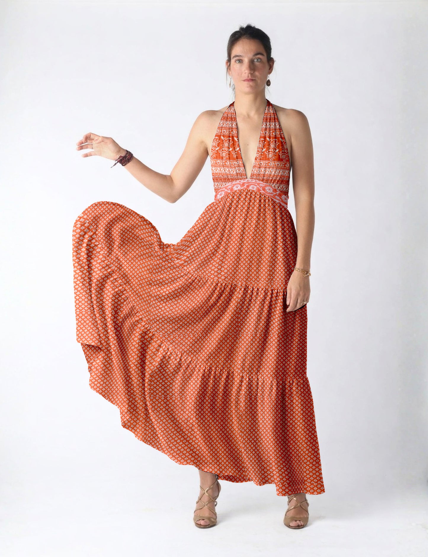 Maxi tiered dress by I was a Sari with halter neckline and flowy silhouette