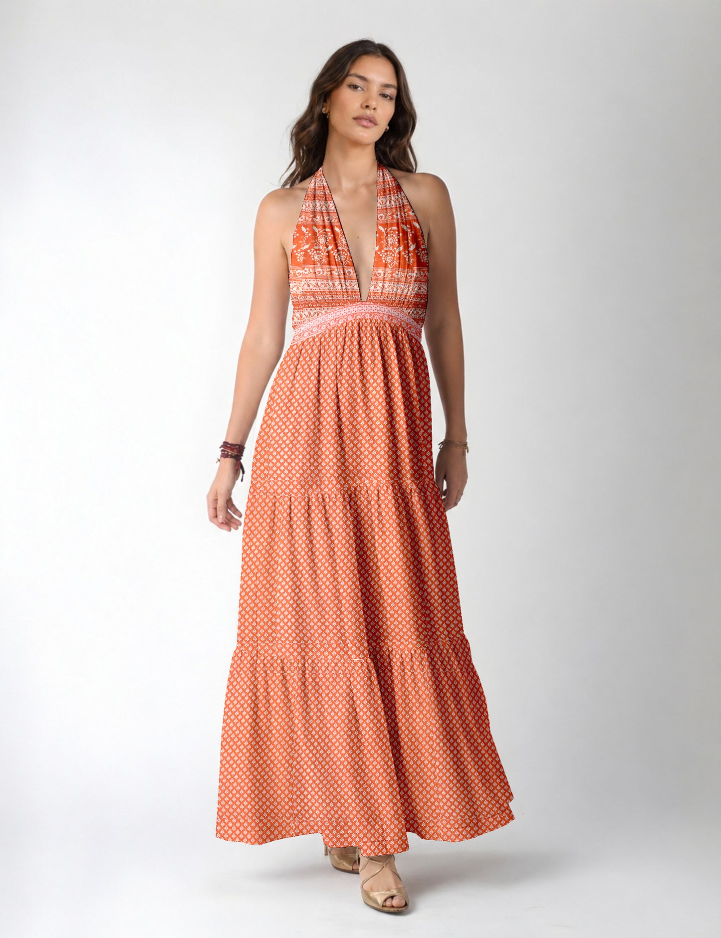Halter neck maxi dress with tiered layers and elasticated back