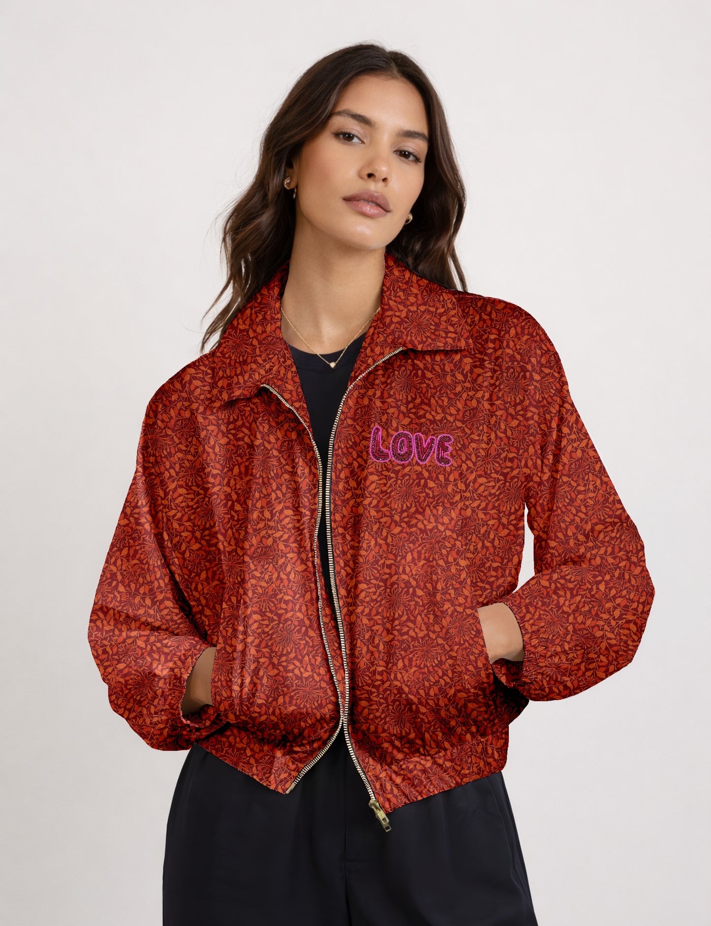 Love Bomber Jacket made from recycled fabric, featuring hand-stitched Aari embroidery. A unique piece of zero-waste clothing, part of the circular fashion movement. Designed with upcycled materials for a stylish yet environmentally friendly clothing choice.