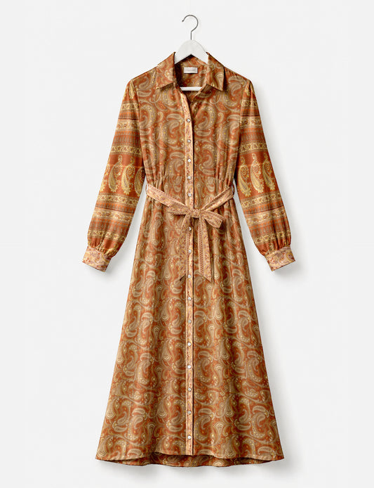 Long shirt dress side view highlighting flared silhouette