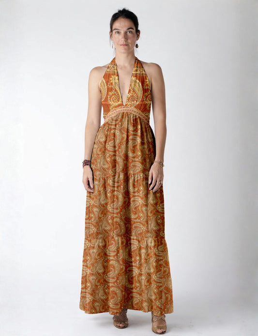 Maxi tiered dress by I was a Sari with halter neckline and flowy silhouette