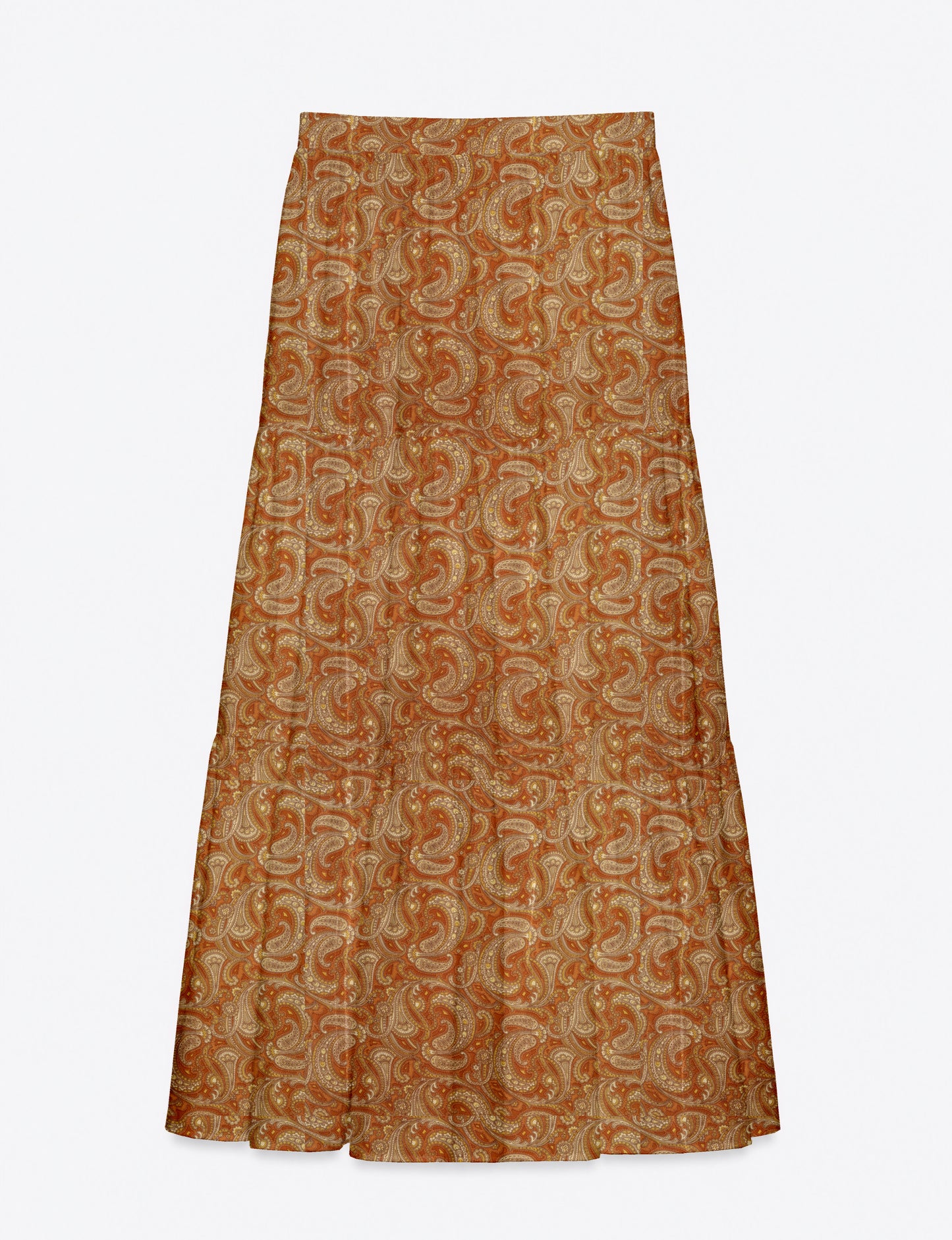 Orange paisley print midi tiered skirt flat lay with fitted waistband and flared hem sections