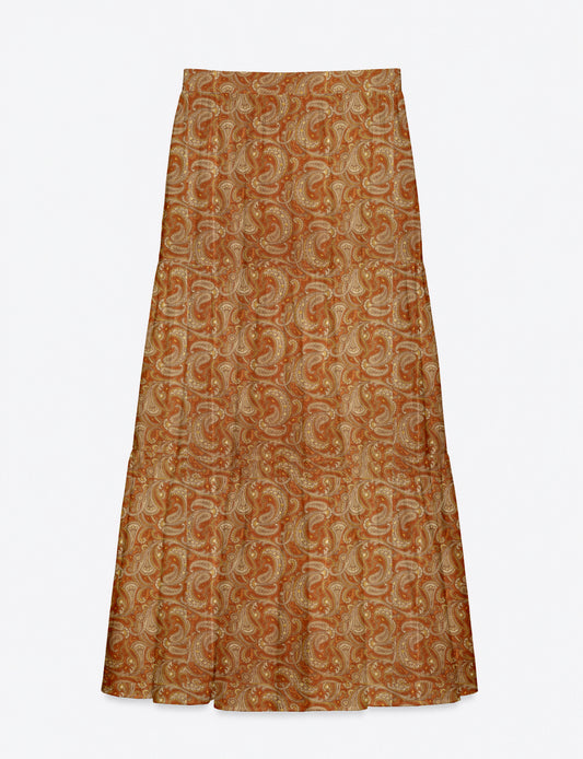 Midi tiered skirt with fitted waistband, soft knife pleats, flared silhouette, side seam pockets, and ankle-length hem