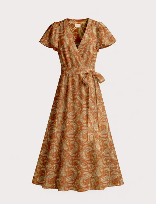 Midi wrap dress with V-neckline, fitted bodice, tie waist, and flared mid-calf skirt