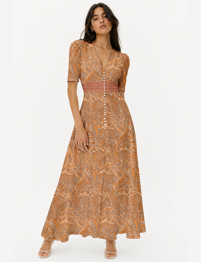 Maxi romantic dress - Orange Paisley