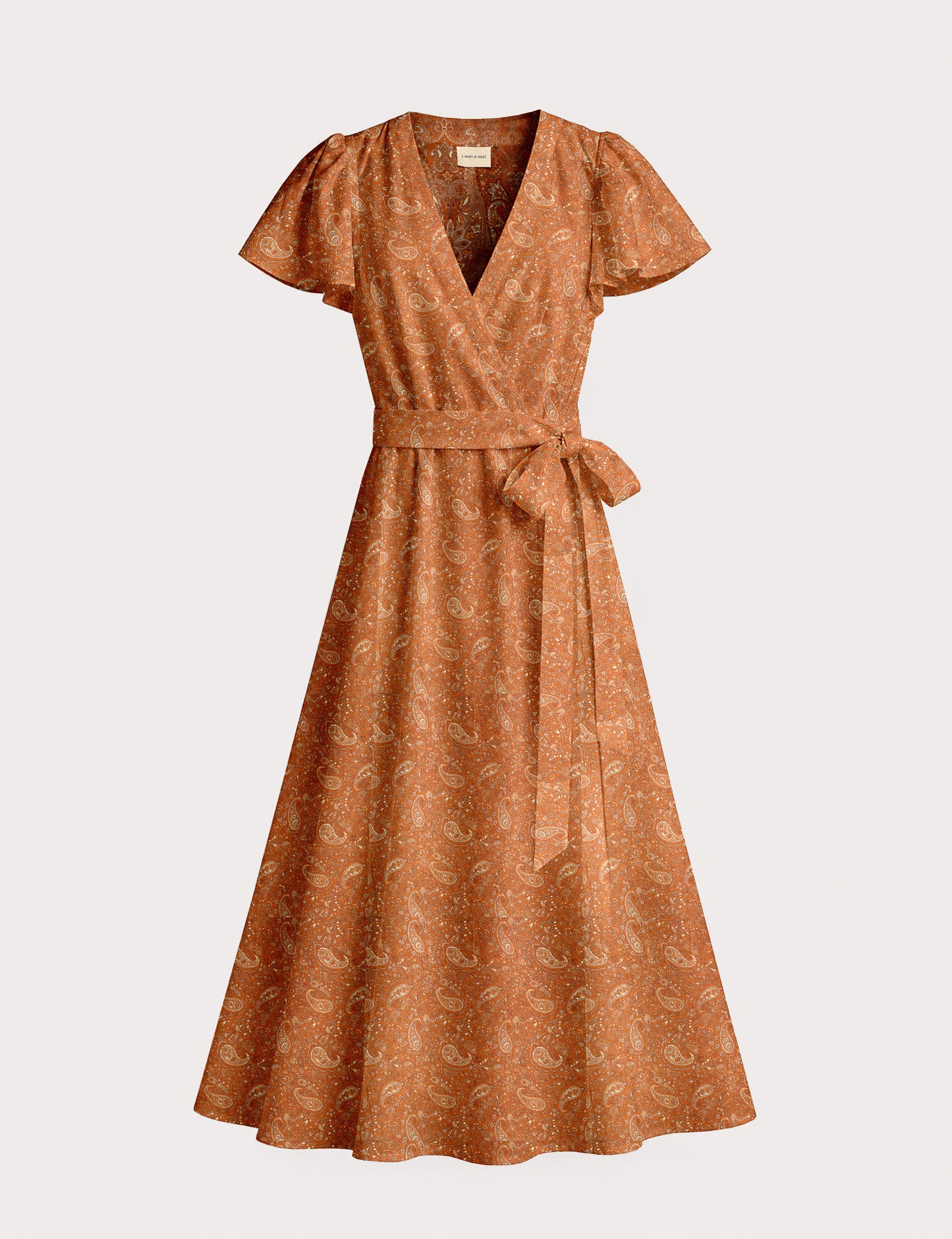 Elegant midi wrap dress with a V-neckline, adjustable waist tie, fitted bodice, and flared skirt for a timeless, flattering silhouette.