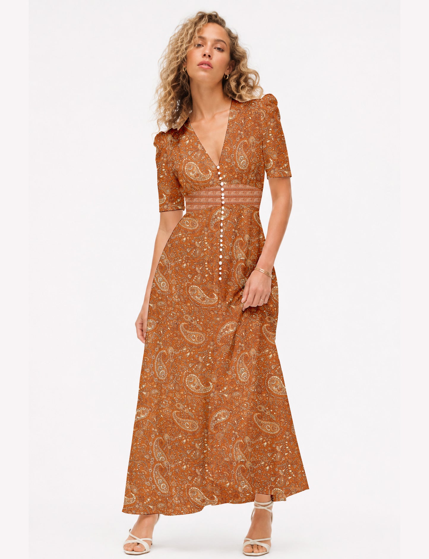 Maxi romantic dress with a fitted bodice, V-neckline, functional button placket, structured waist panel, short sleeves, and a softly flared ankle-length A-line skirt.
