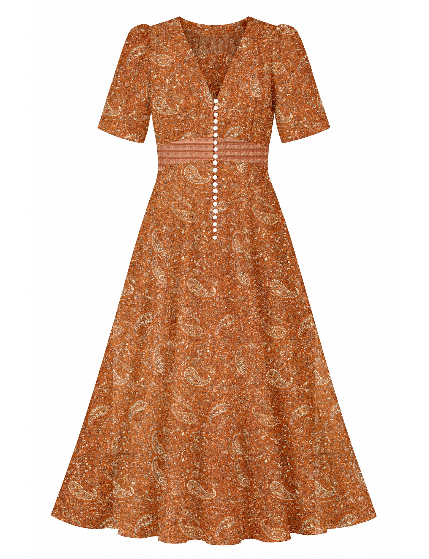 Maxi romantic dress with a fitted bodice, V-neckline, functional button placket, structured waist panel, short sleeves, and a softly flared ankle-length A-line skirt.
