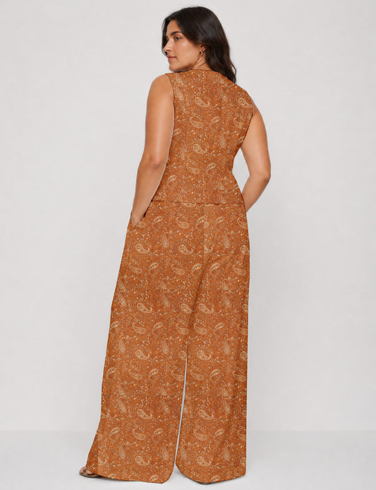 Women's tailored waistcoat set with a sleeveless V-neck button-front waistcoat and high-rise wide leg trousers in a coordinated matching outfit.