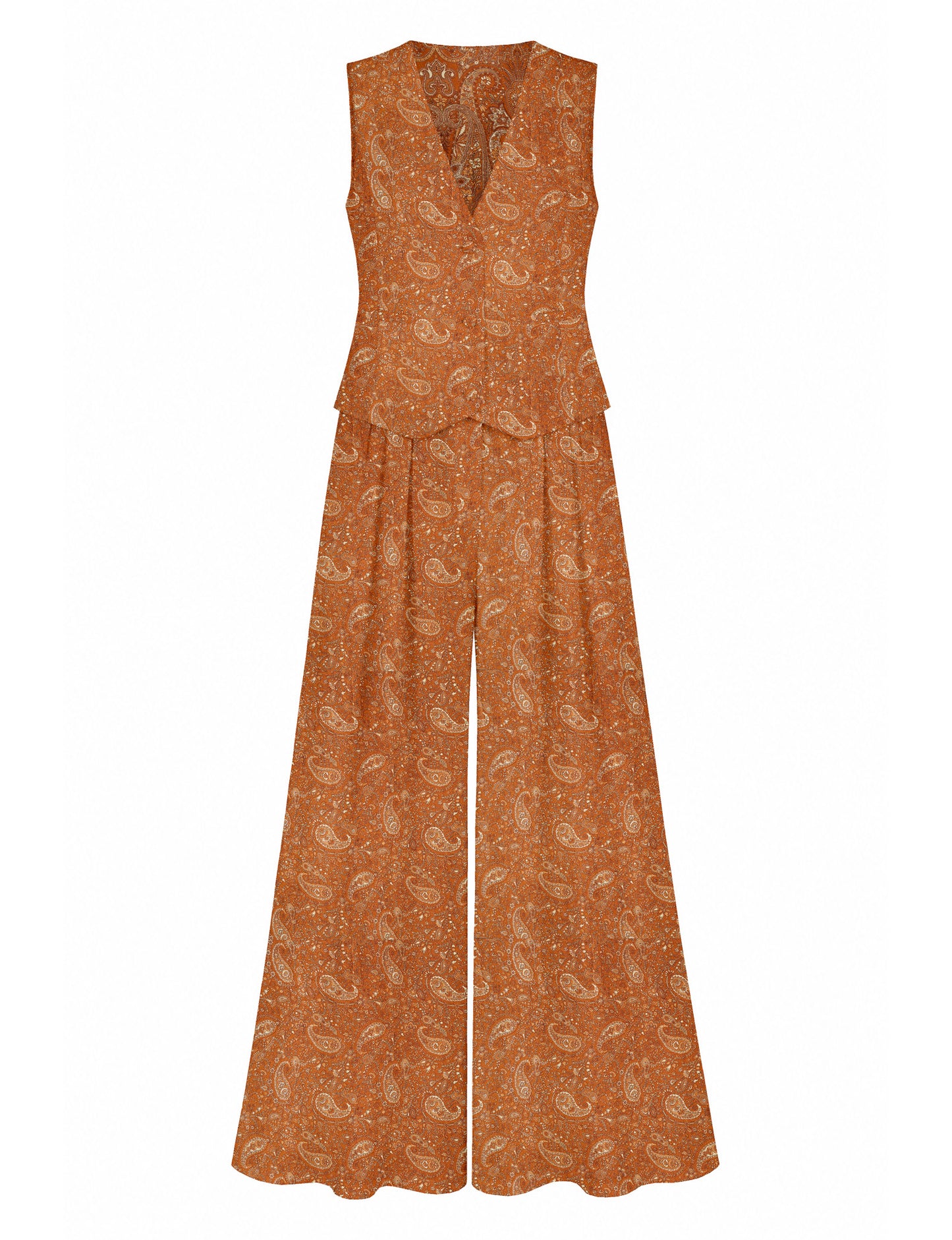 Women's tailored waistcoat set with a sleeveless V-neck button-front waistcoat and high-rise wide leg trousers in a coordinated matching outfit.
