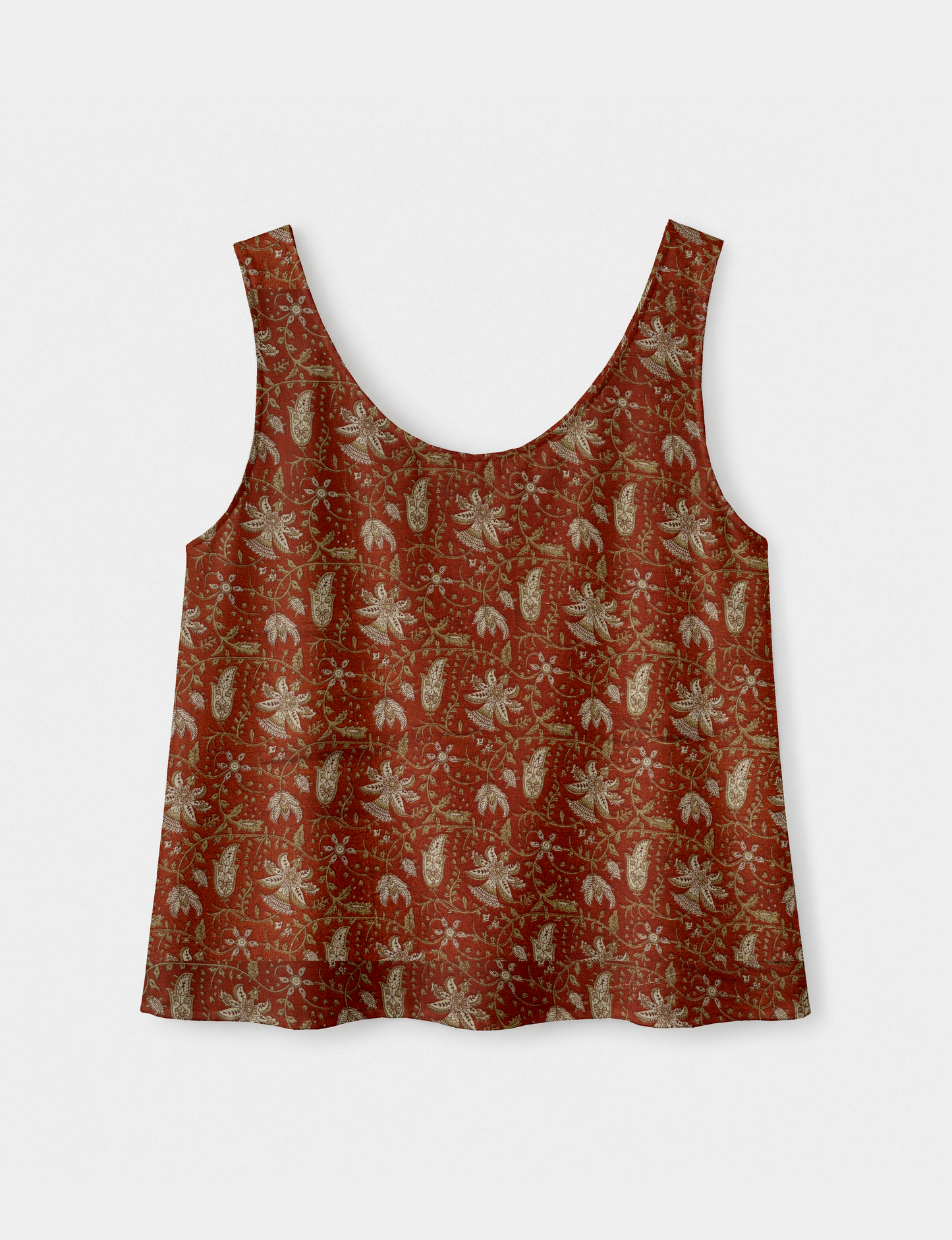 Women's sleeveless blouse with a relaxed straight fit, wide scoop neckline, deep scoop back, and hip-length silhouette.