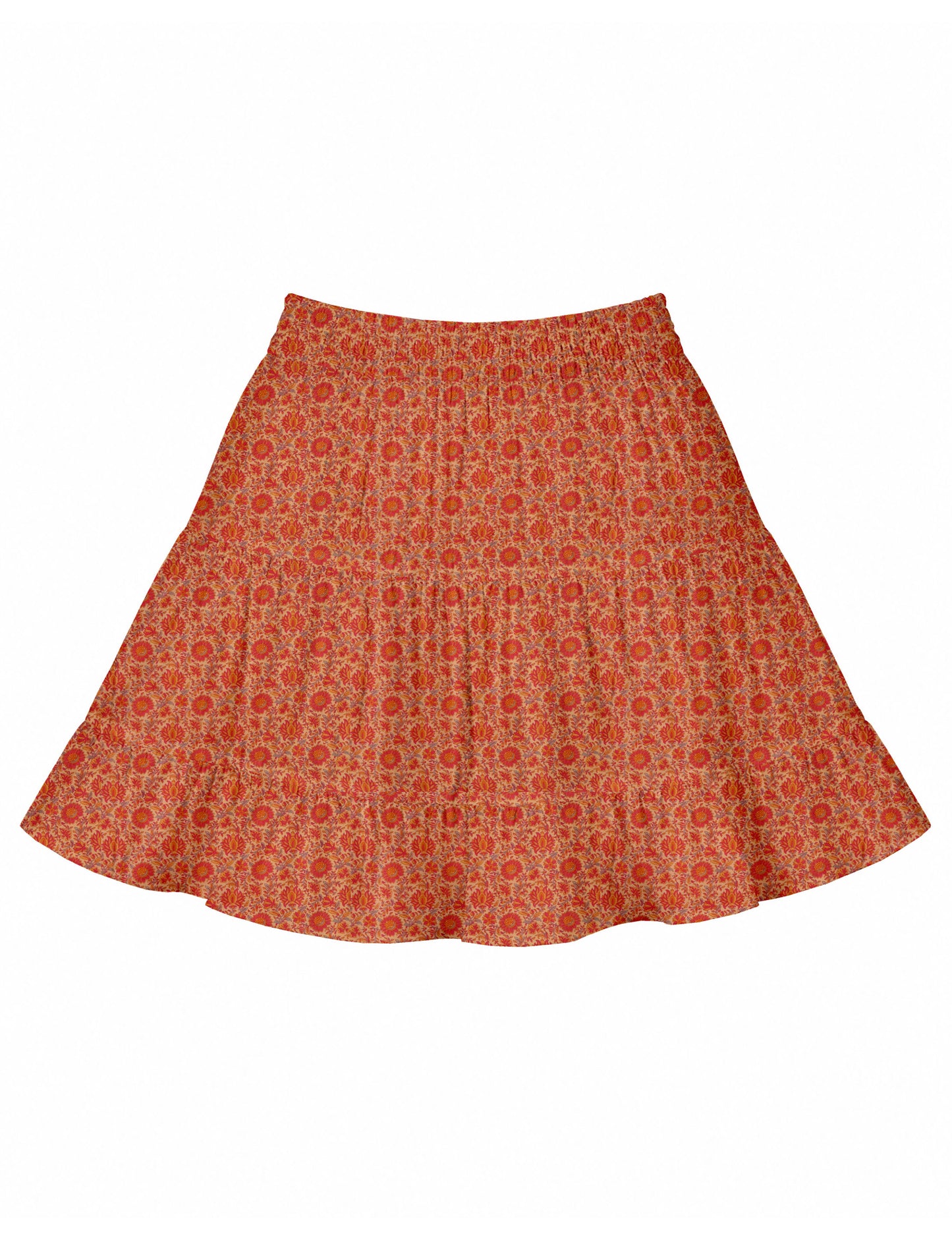 Short tiered skirt with a fitted waistband, knife pleats, softly flared silhouette, side seam pockets, and above-the-knee length.