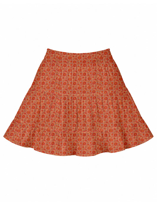 Short tiered skirt with a fitted waistband, knife pleats, softly flared silhouette, side seam pockets, and above-the-knee length.