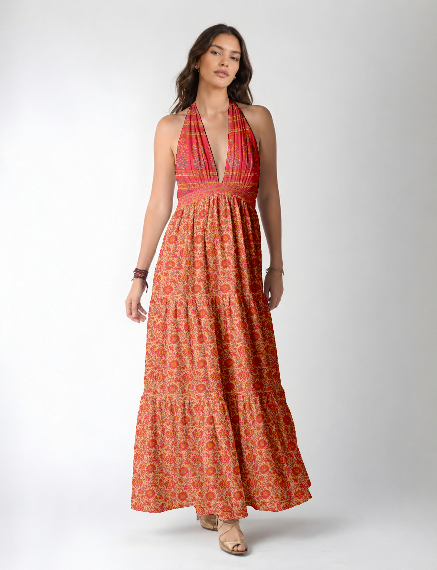 Maxi tiered dress by I was a Sari with halter neckline and flowy silhouette