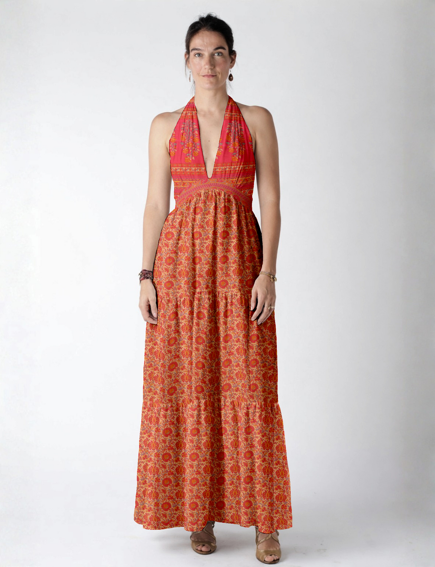 Halter neck maxi dress with tiered layers and elasticated back