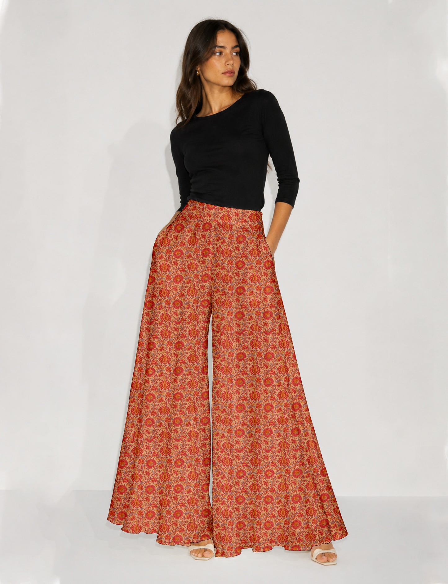 Wide Leg Palazzo Trousers - Orange Tropical