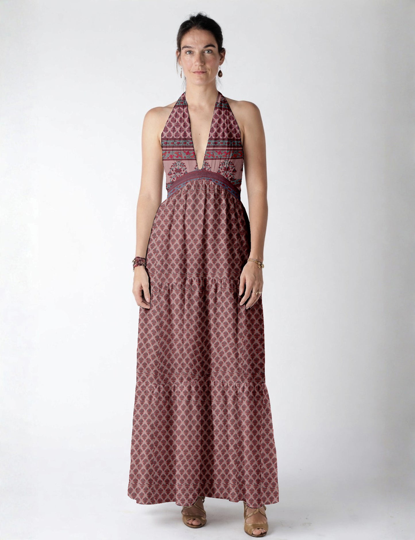 Maxi tiered dress by I was a Sari with halter neckline and flowy silhouette