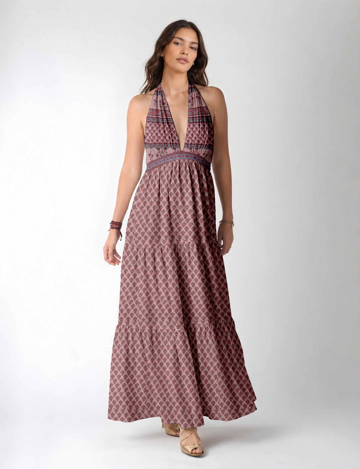 Halter neck maxi dress with tiered layers and elasticated back