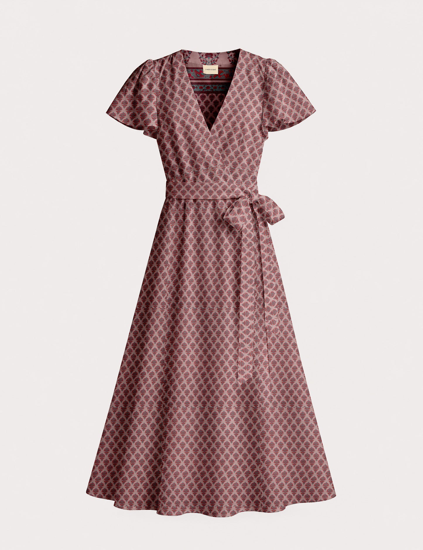 Elegant midi wrap dress with a V-neckline, adjustable waist tie, fitted bodice, and flared skirt for a timeless, flattering silhouette.