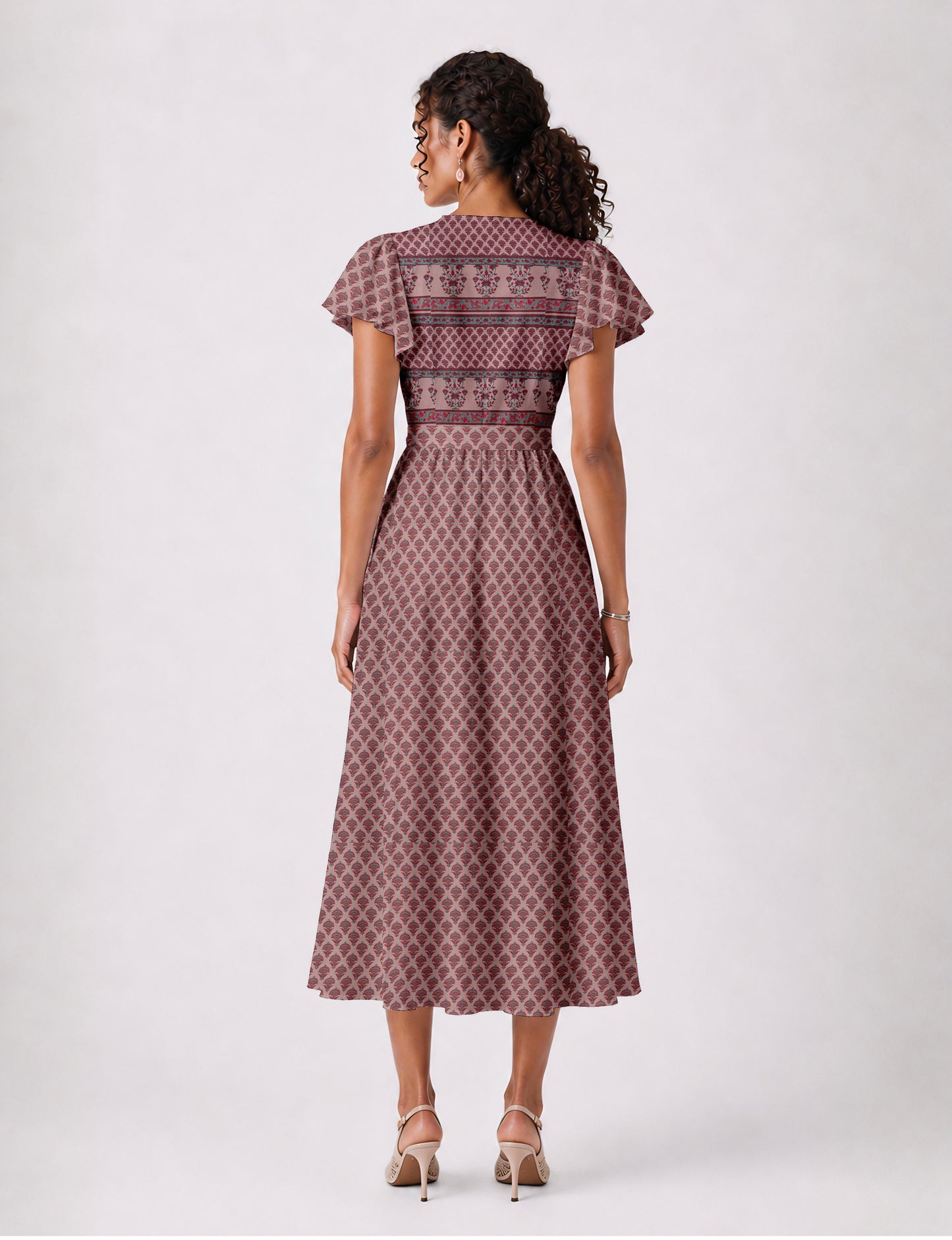 Elegant midi wrap dress with a V-neckline, adjustable waist tie, fitted bodice, and flared skirt for a timeless, flattering silhouette.