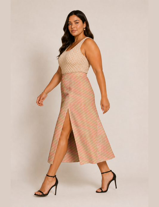 Woman wearing a yellow and black micro patterned A-line skirt with front slit, paired with beige sleeveless top and black