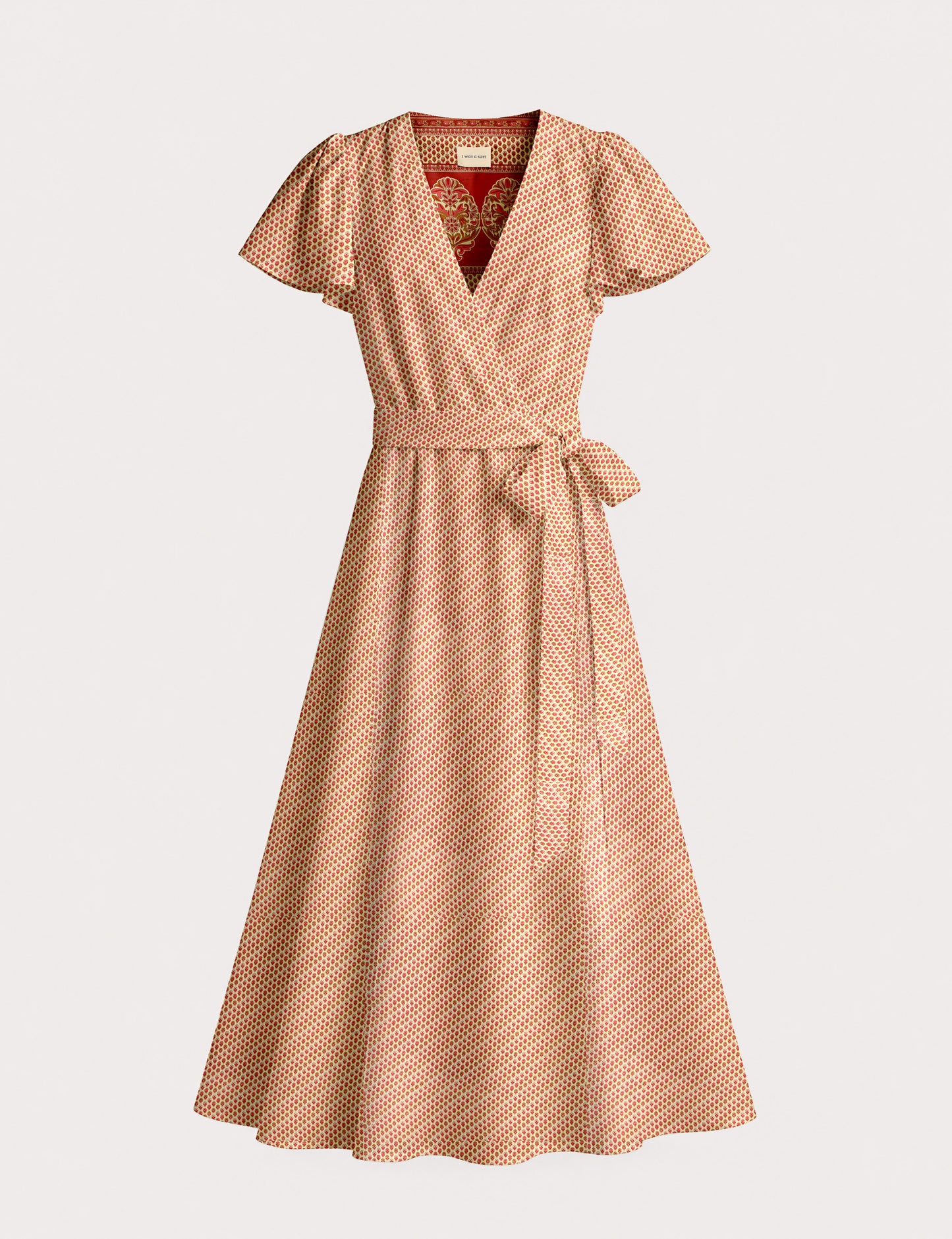Elegant midi wrap dress with a V-neckline, adjustable waist tie, fitted bodice, and flared skirt for a timeless, flattering silhouette.