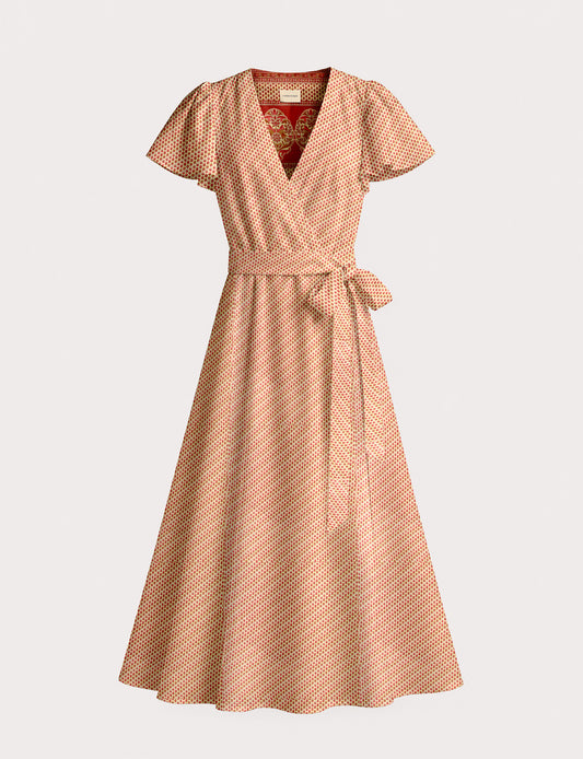 Elegant midi wrap dress with a V-neckline, adjustable waist tie, fitted bodice, and flared skirt for a timeless, flattering silhouette.