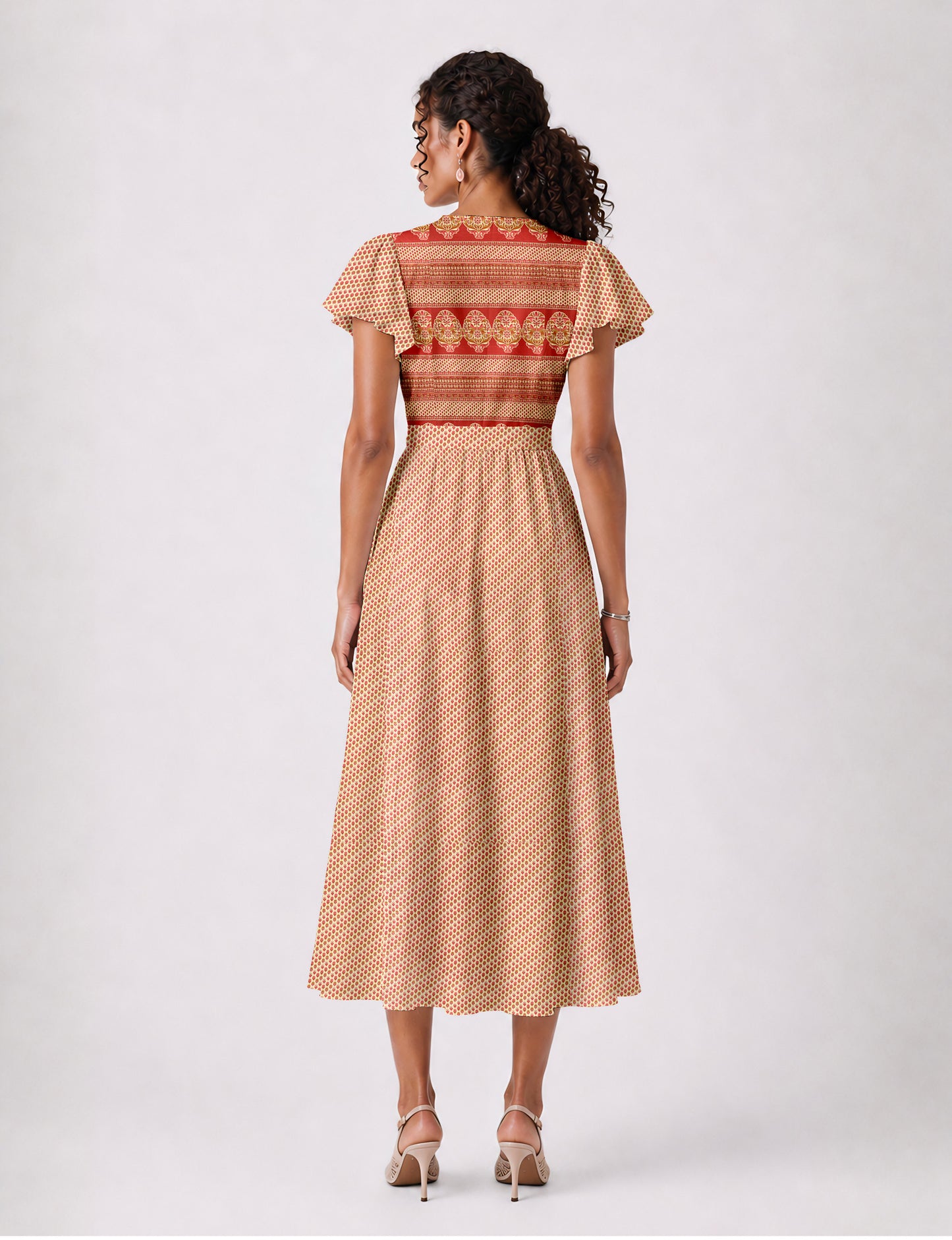 Elegant midi wrap dress with a V-neckline, adjustable waist tie, fitted bodice, and flared skirt for a timeless, flattering silhouette.