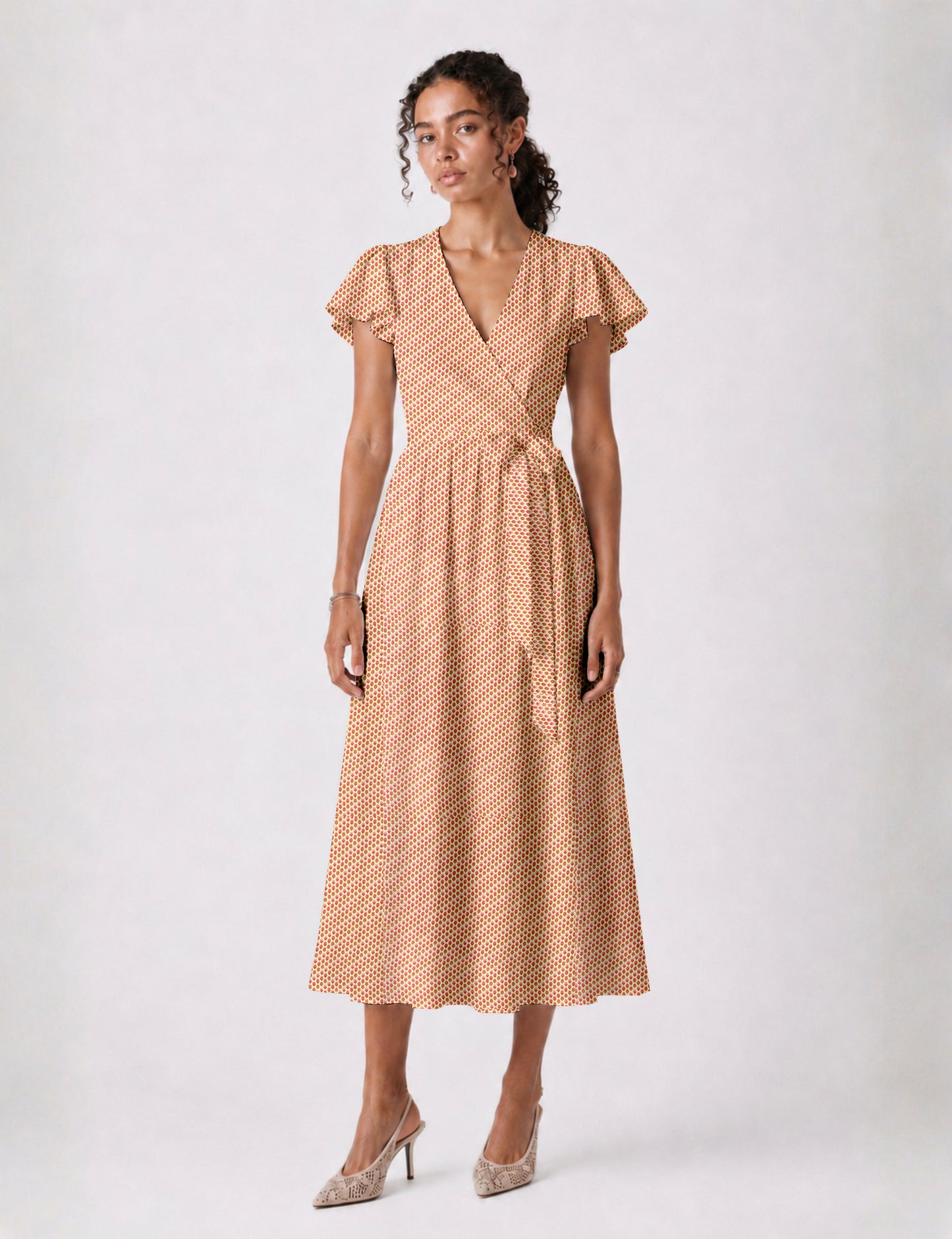 Elegant midi wrap dress with a V-neckline, adjustable waist tie, fitted bodice, and flared skirt for a timeless, flattering silhouette.