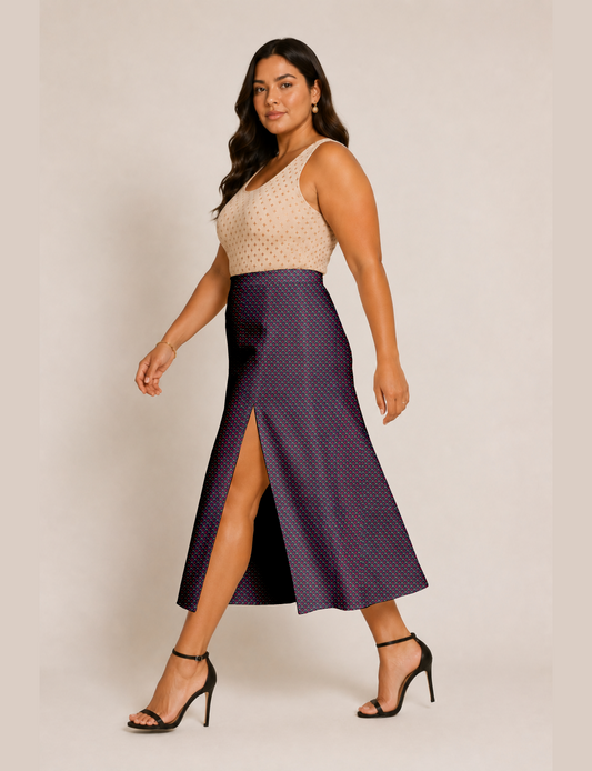 Woman wearing a yellow and black micro patterned A-line skirt with front slit, paired with beige sleeveless top and black