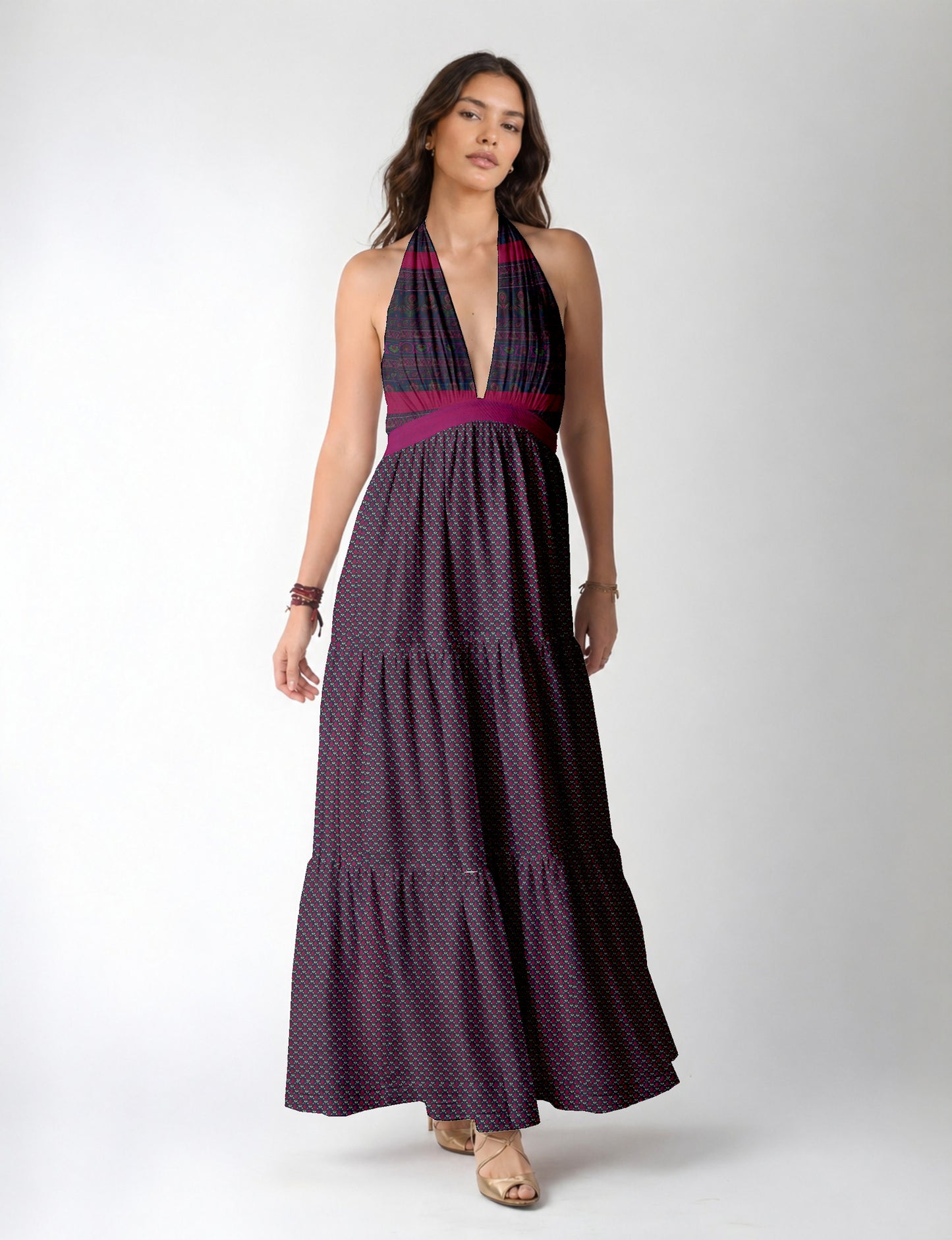 Maxi tiered dress by I was a Sari with halter neckline and flowy silhouette
