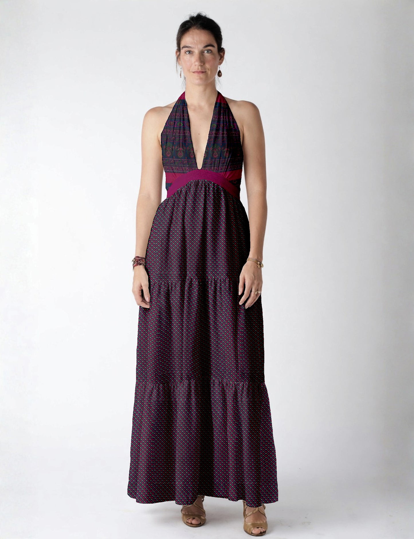 Halter neck maxi dress with tiered layers and elasticated back