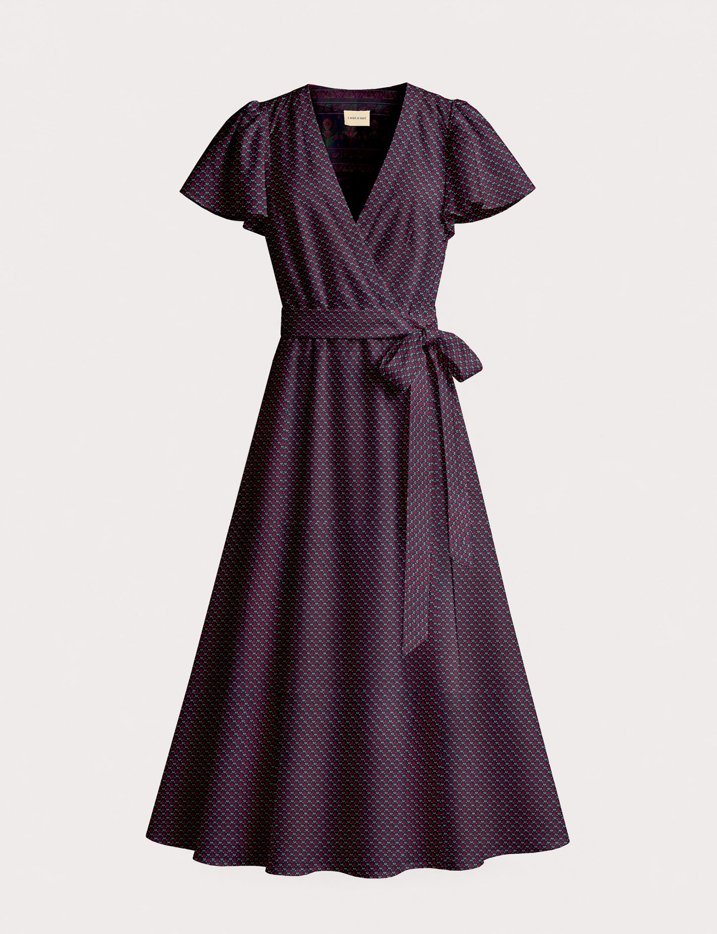 Elegant midi wrap dress with a V-neckline, adjustable waist tie, fitted bodice, and flared skirt for a timeless, flattering silhouette.