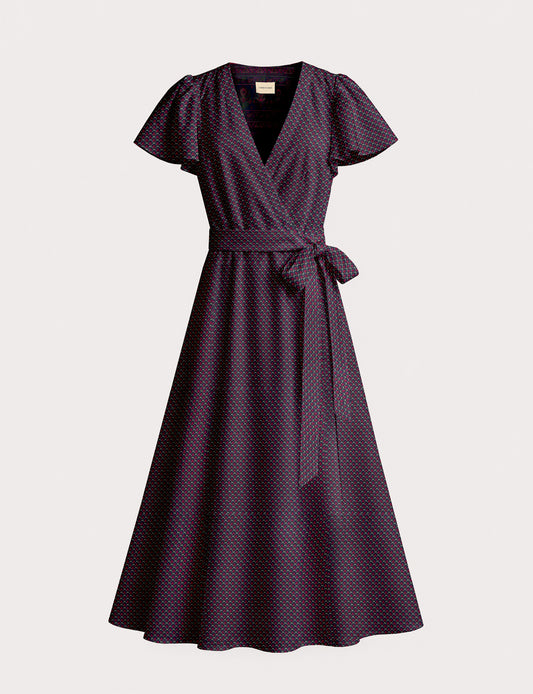 Elegant midi wrap dress with a V-neckline, adjustable waist tie, fitted bodice, and flared skirt for a timeless, flattering silhouette.