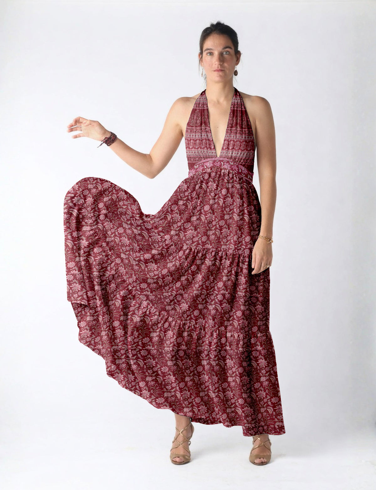 Maxi tiered dress by I was a Sari with halter neckline and flowy silhouette