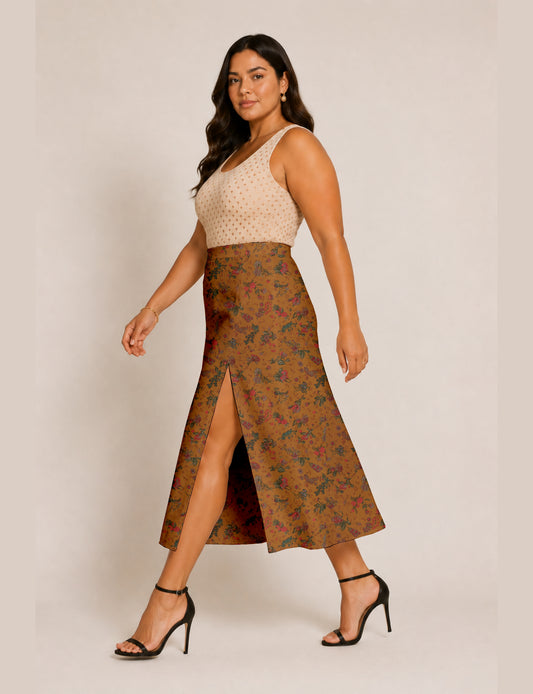 Woman wearing a yellow and black micro patterned A-line skirt with front slit, paired with beige sleeveless top and black