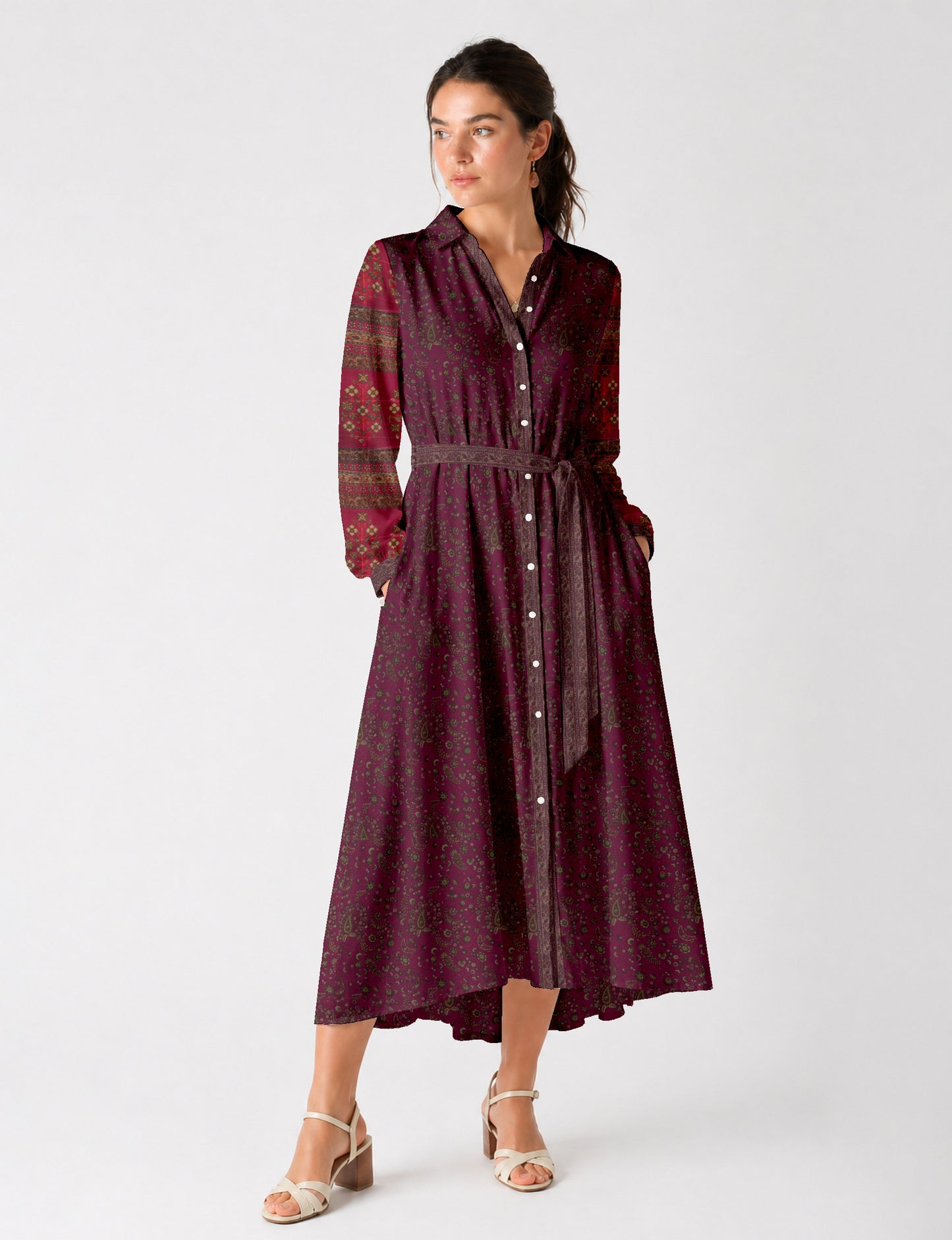 Long shirt dress side view highlighting flared silhouette