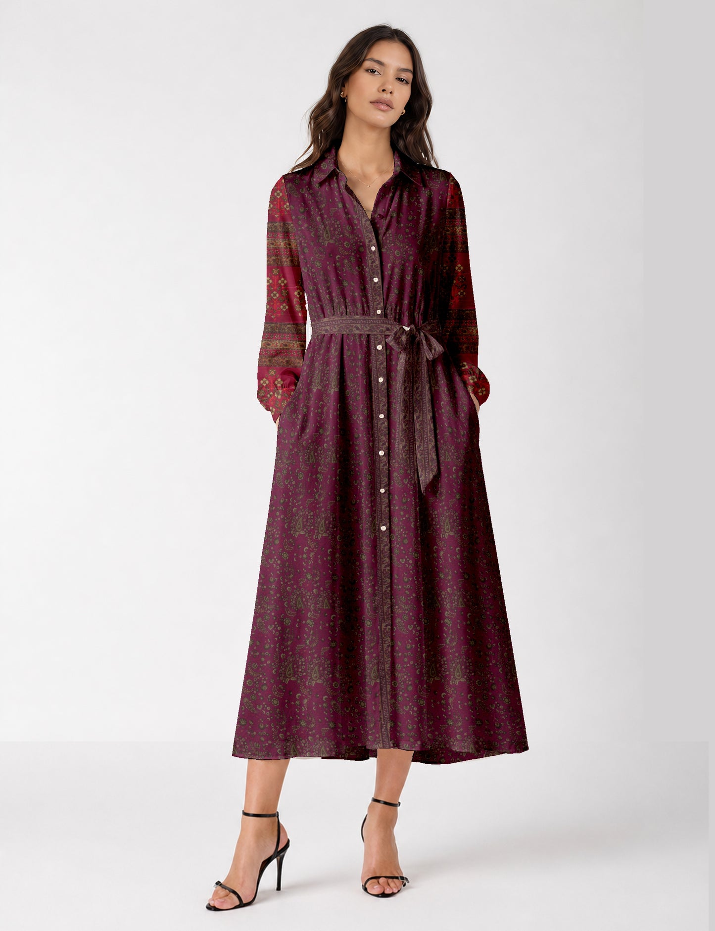 Flowing long shirt dress with relaxed fit and ankle-length design
