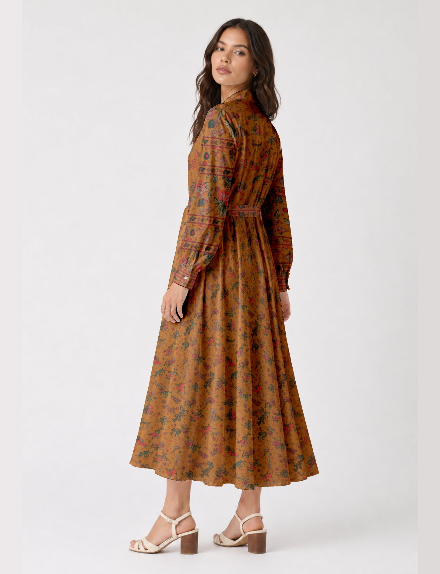 Long shirt dress side view highlighting flared silhouette