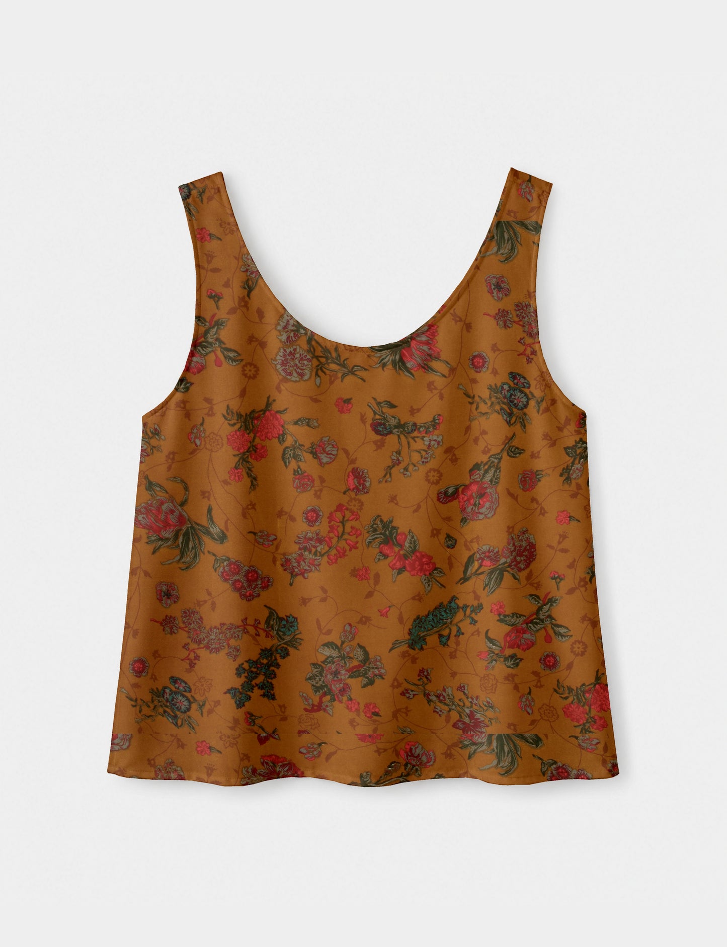 Women's sleeveless blouse with a relaxed straight fit, wide scoop neckline, deep scoop back, and hip-length silhouette.