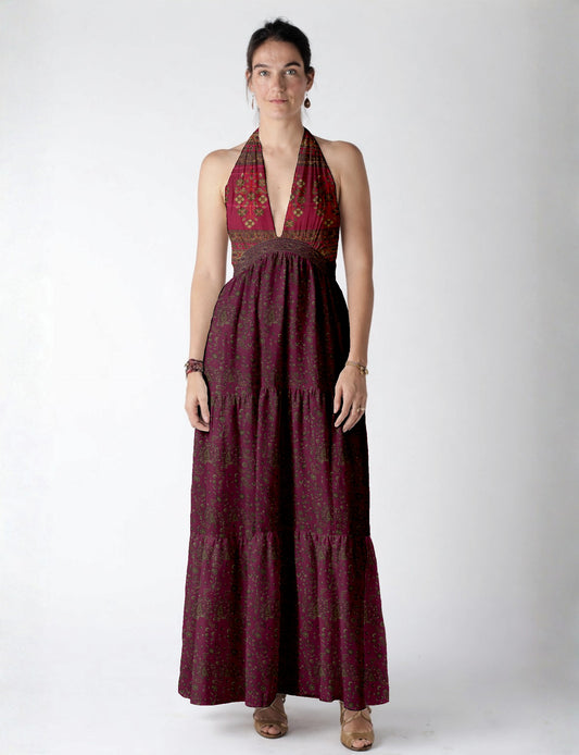 Maxi tiered dress by I was a Sari with halter neckline and flowy silhouette