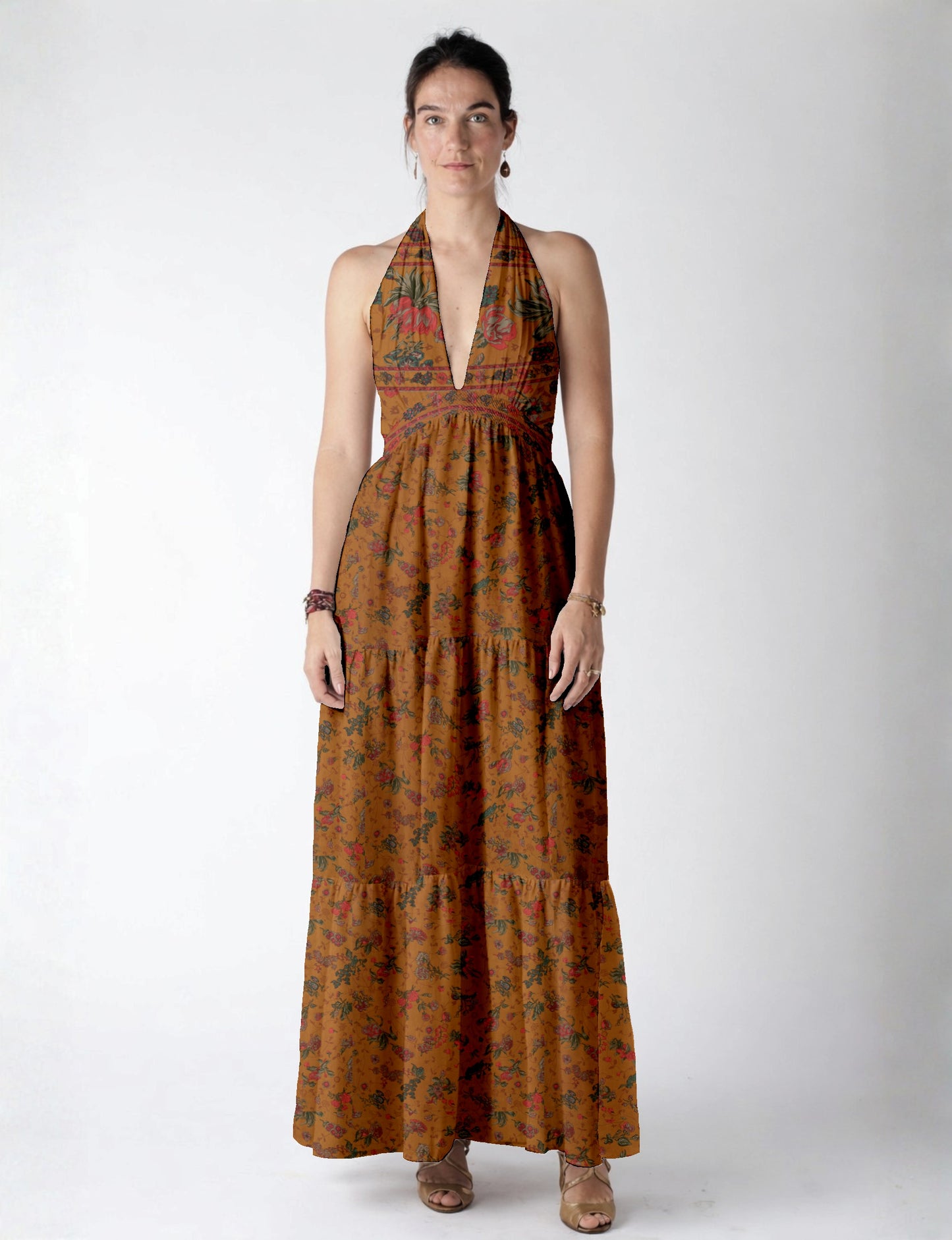 Maxi tiered dress by I was a Sari with halter neckline and flowy silhouette