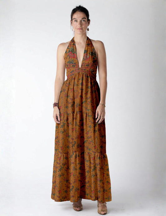 Maxi tiered dress by I was a Sari with halter neckline and flowy silhouette