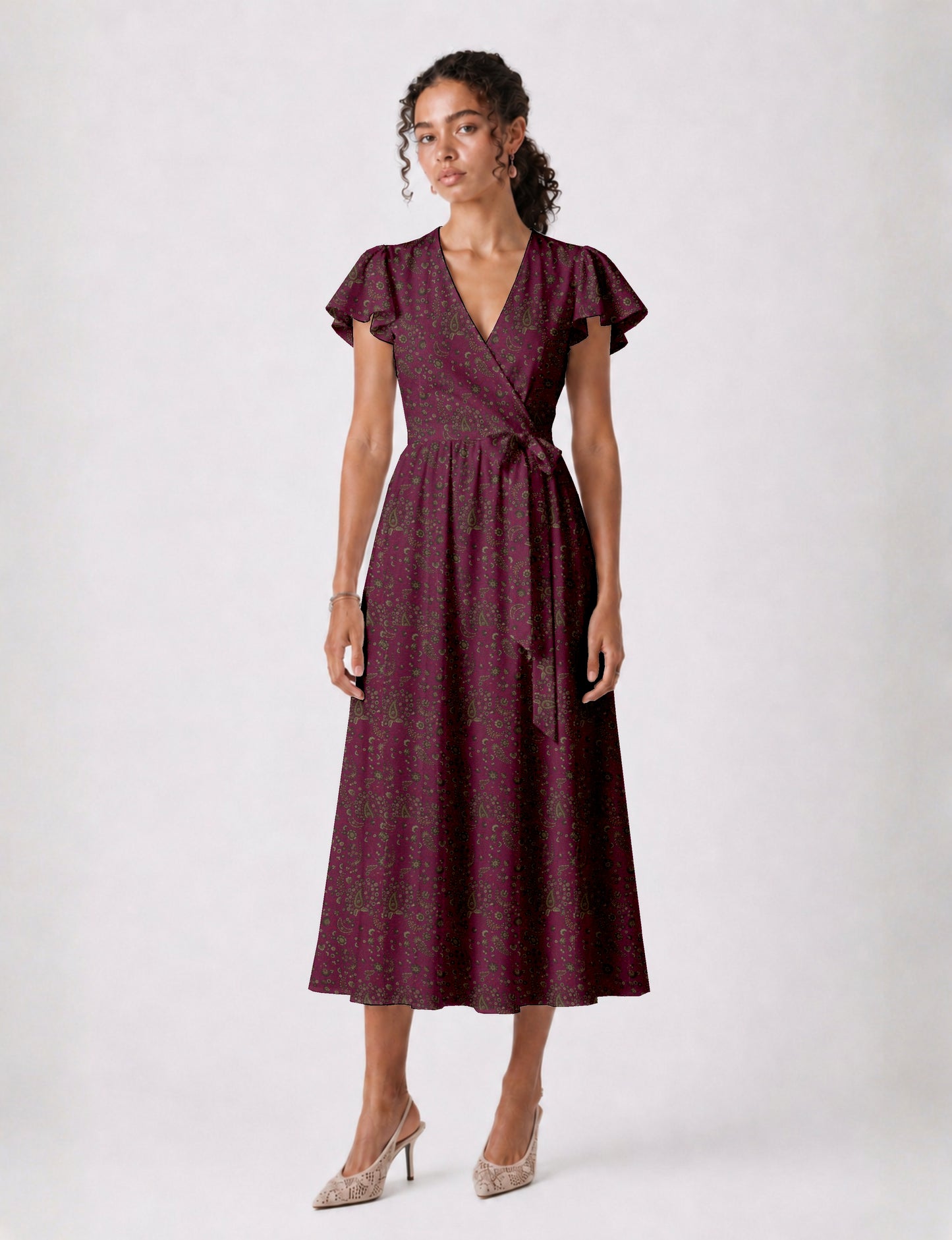 Midi wrap dress with V-neckline, fitted bodice, tie waist, and flared mid-calf skirt