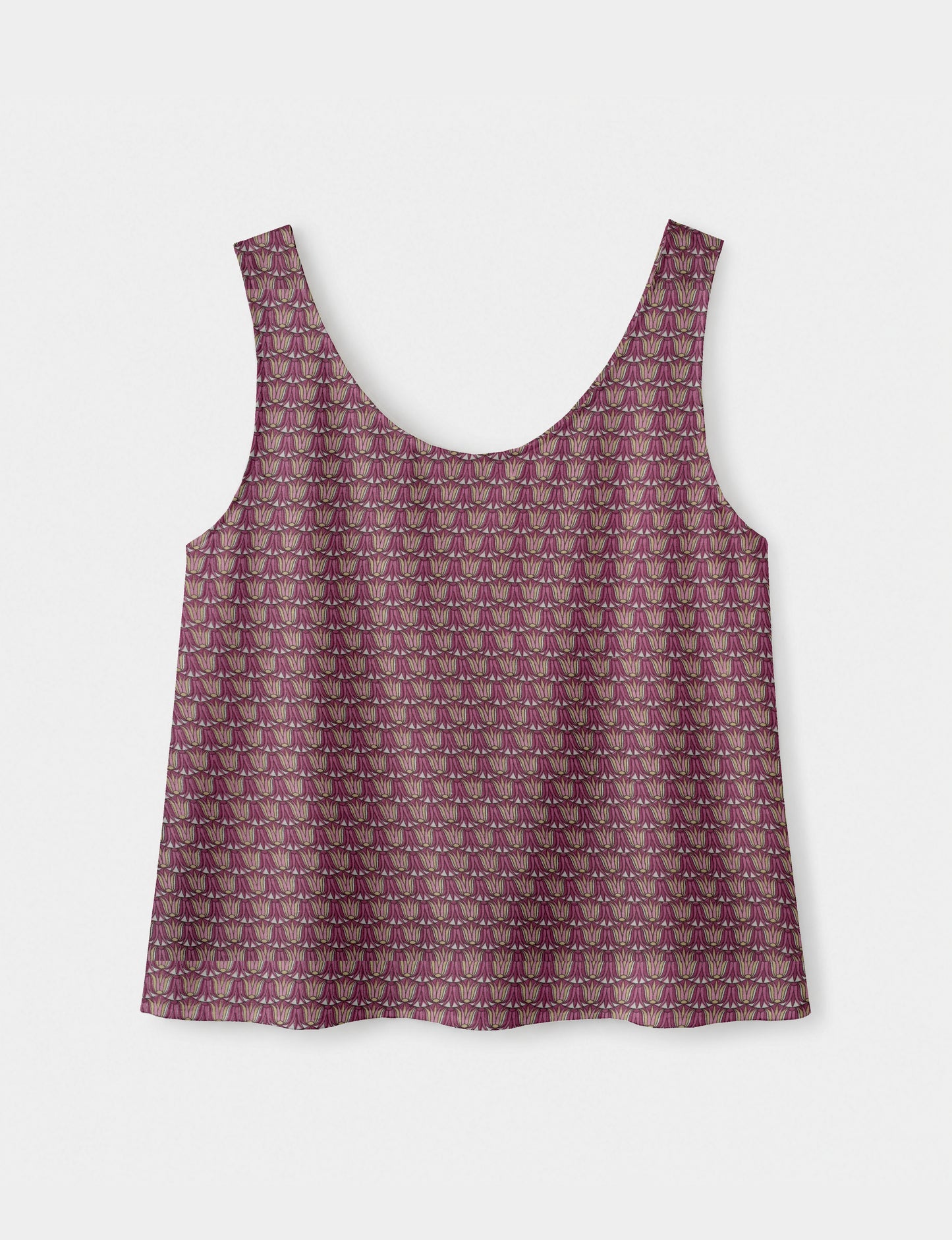 Women's sleeveless blouse with a relaxed straight fit, wide scoop neckline, deep scoop back, and hip-length silhouette.