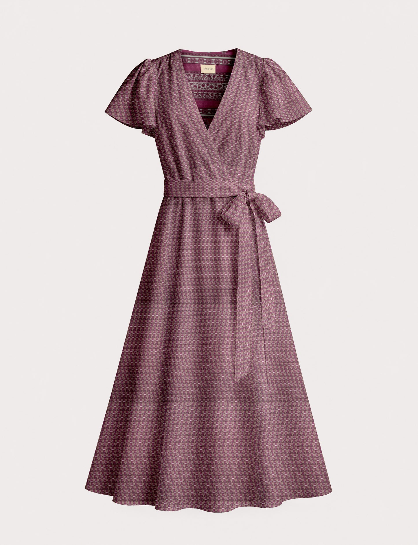 Midi wrap dress with V-neckline, fitted bodice, tie waist, and flared mid-calf skirt