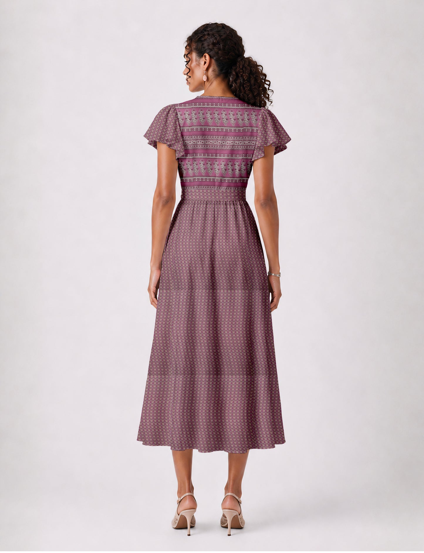Midi wrap dress with V-neckline, fitted bodice, tie waist, and flared mid-calf skirt