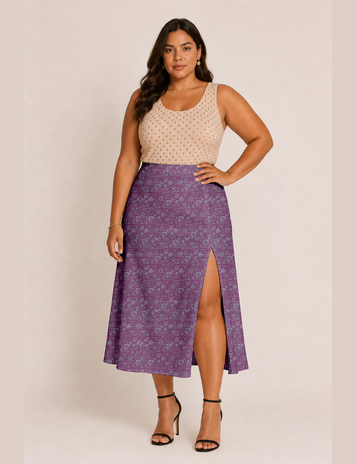 A line skirt with slit - Pink Floral