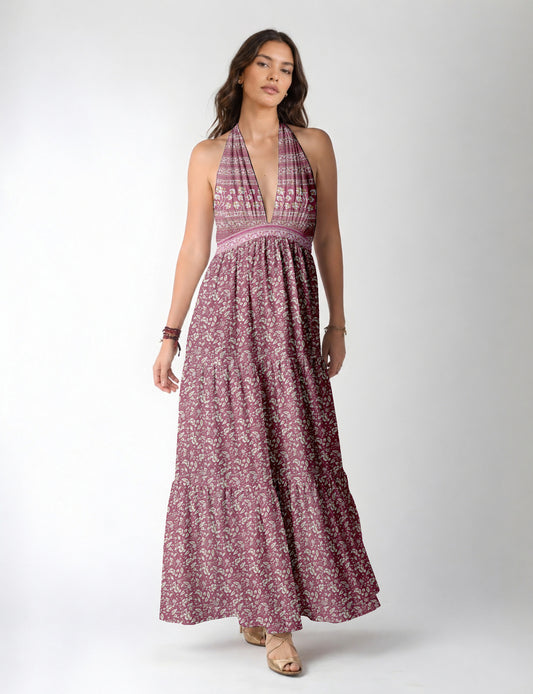 Maxi tiered dress by I was a Sari with halter neckline and flowy silhouette