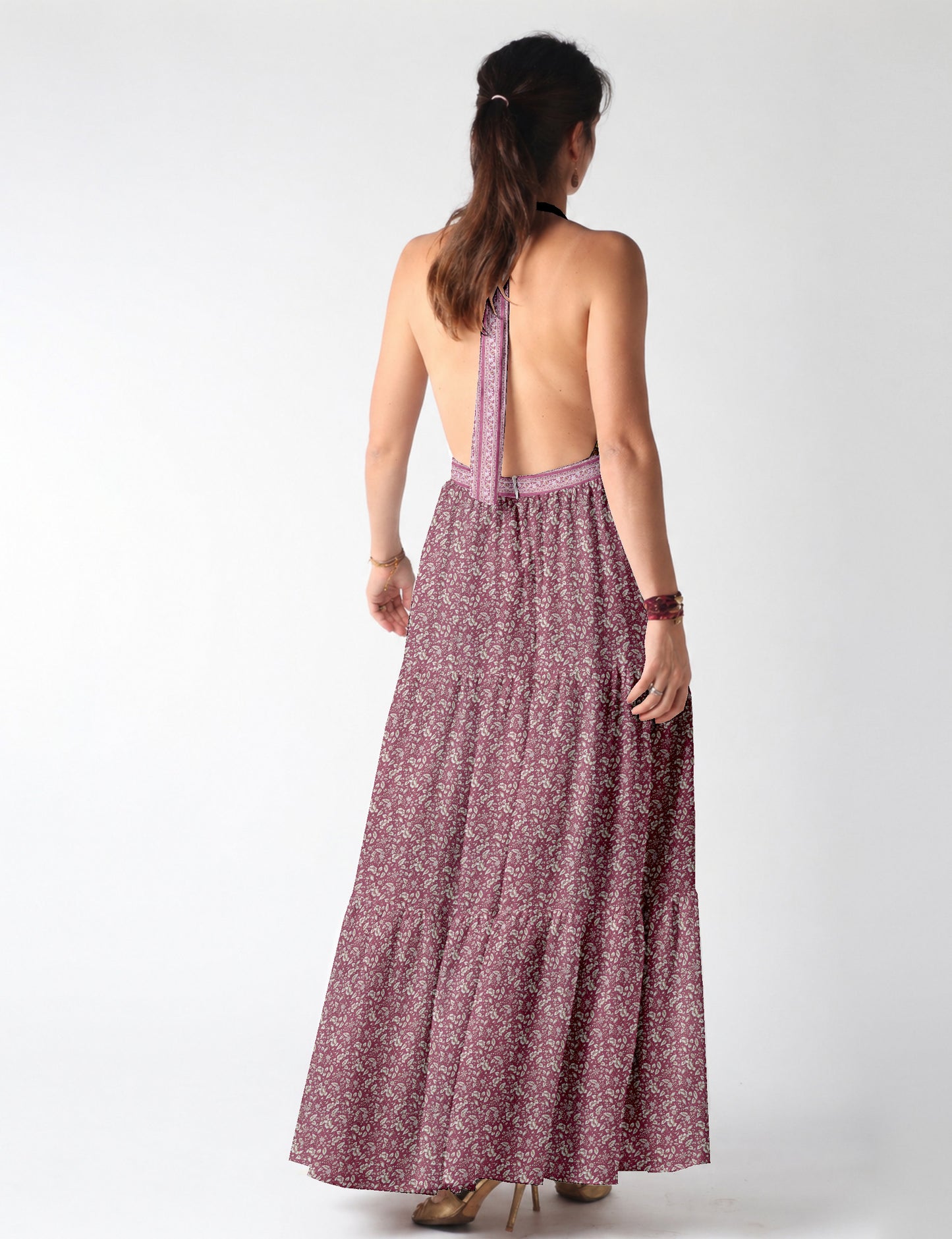 Halter neck maxi dress with tiered layers and elasticated back